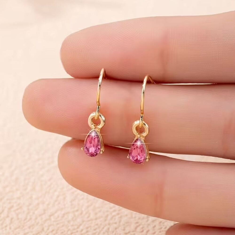 Pink Teardrop Zirconia Crystal Drop Earrings Gold Dangle Gemstone Pendant Charm